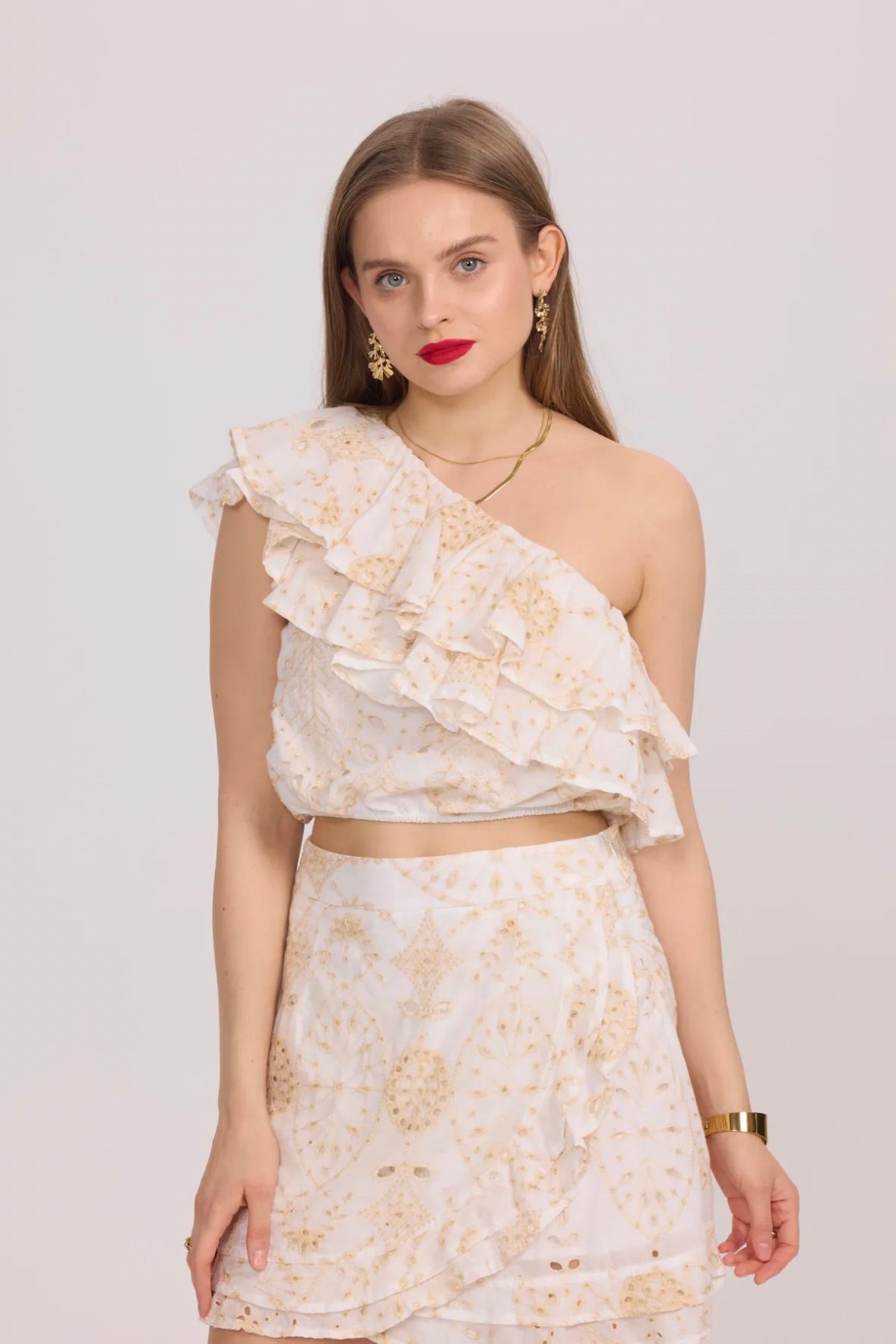 Asymmetrical Ruffled Embroidered Top - 3037