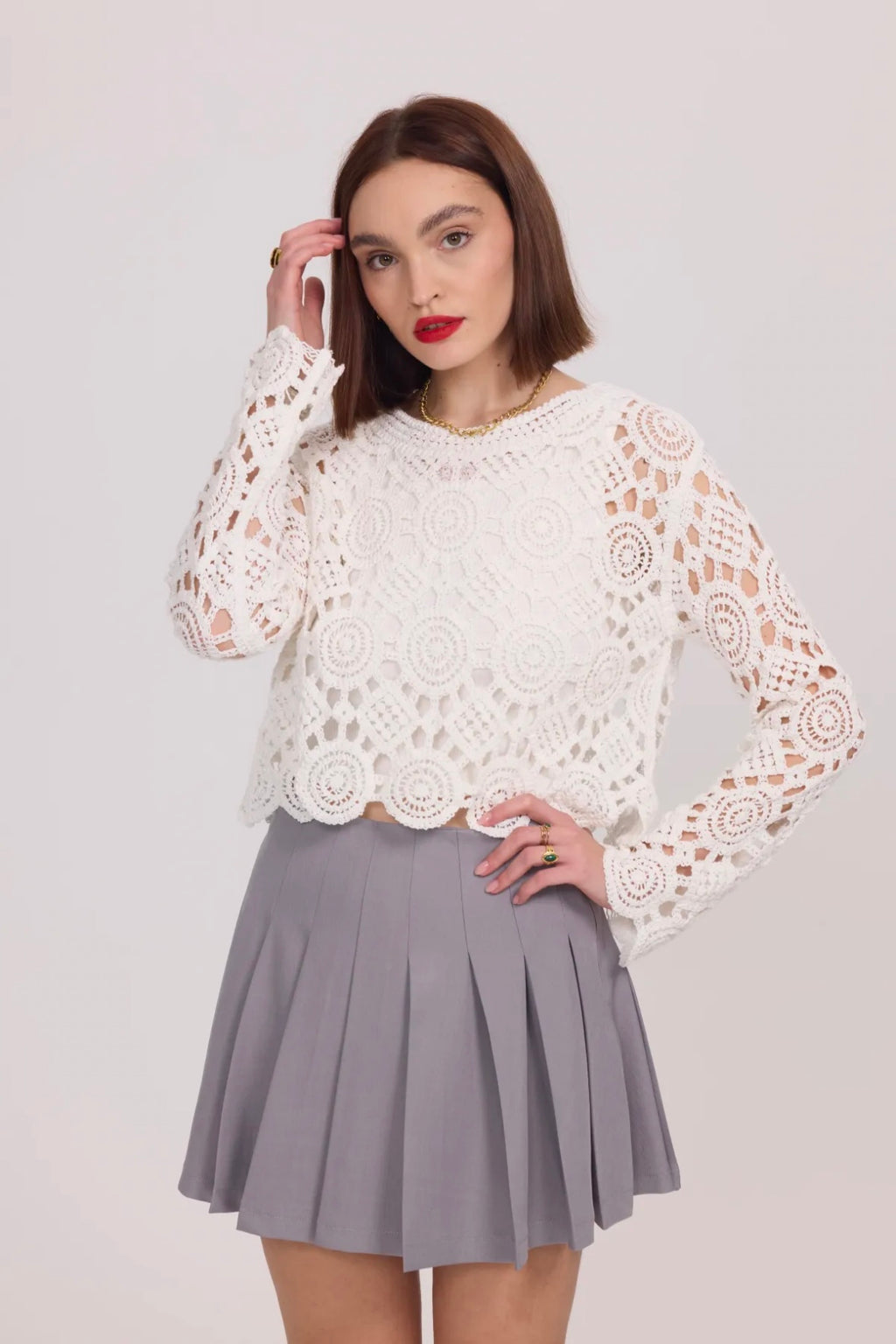 Long Sleeve Crochet Sweater - 2507-CROCHET