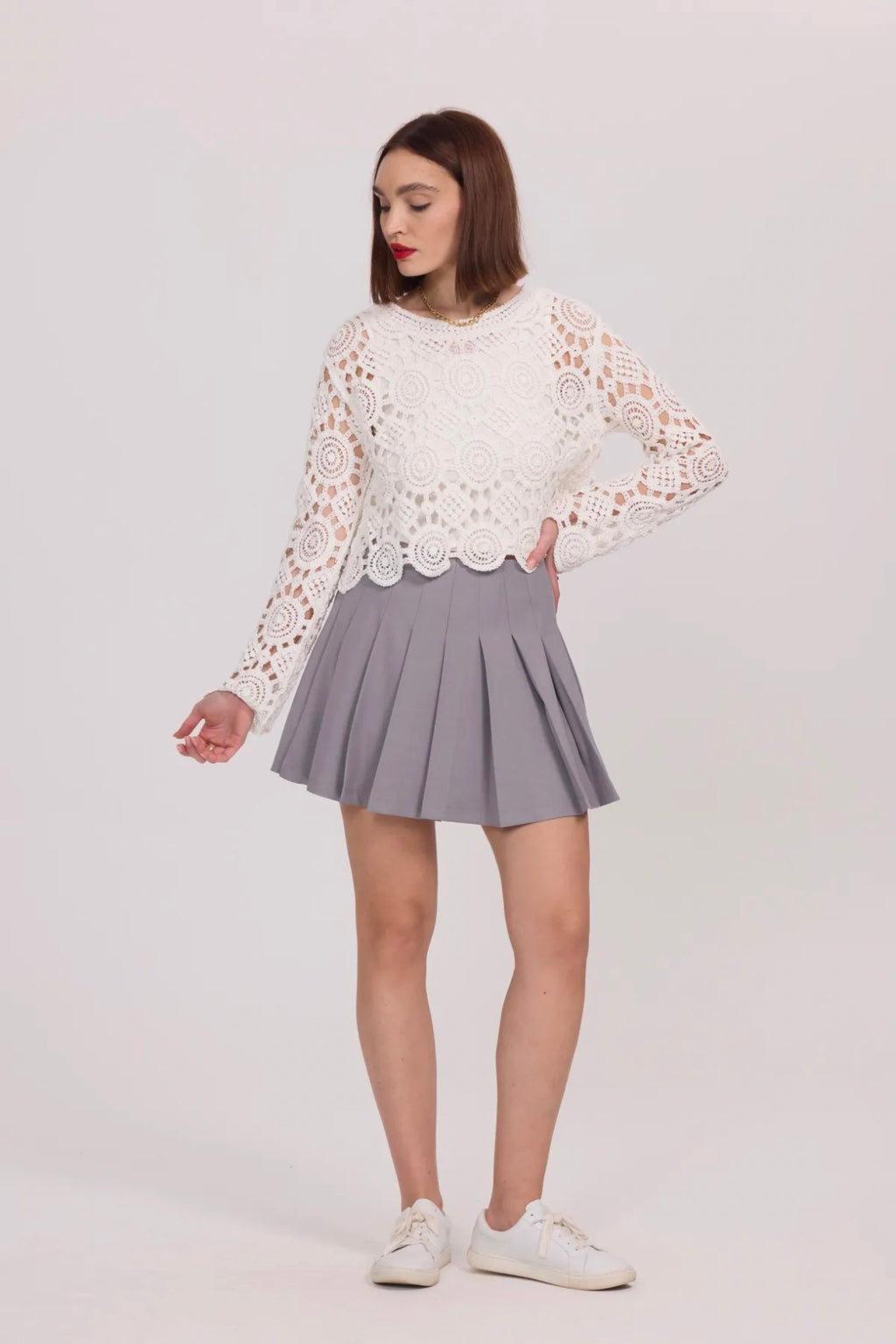 Long Sleeve Crochet Sweater - 2507-CROCHET