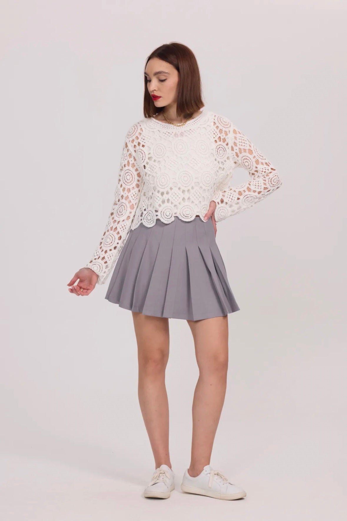 Long Sleeve Crochet Sweater - 2507-CROCHET