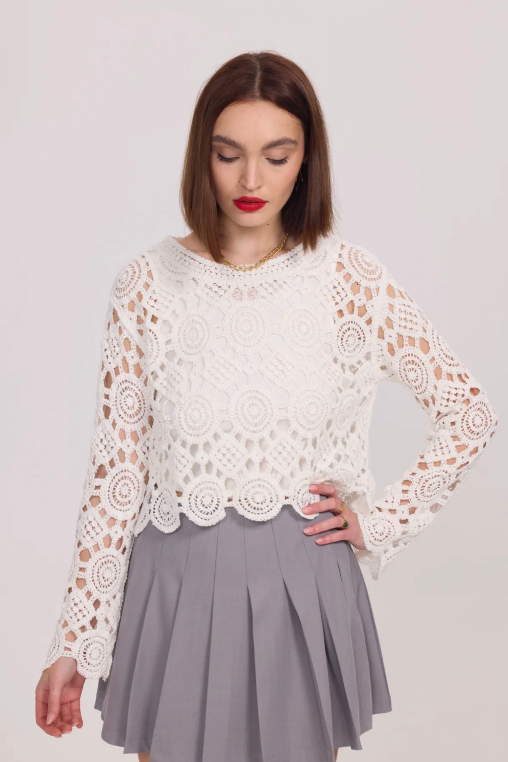 Long Sleeve Crochet Sweater - 2507-CROCHET