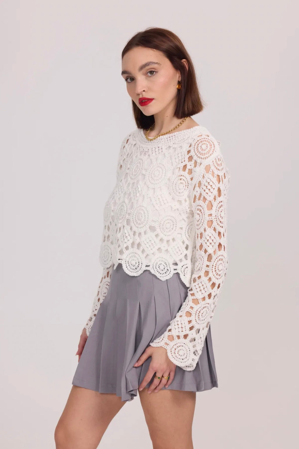 Long Sleeve Crochet Sweater - 2507-CROCHET