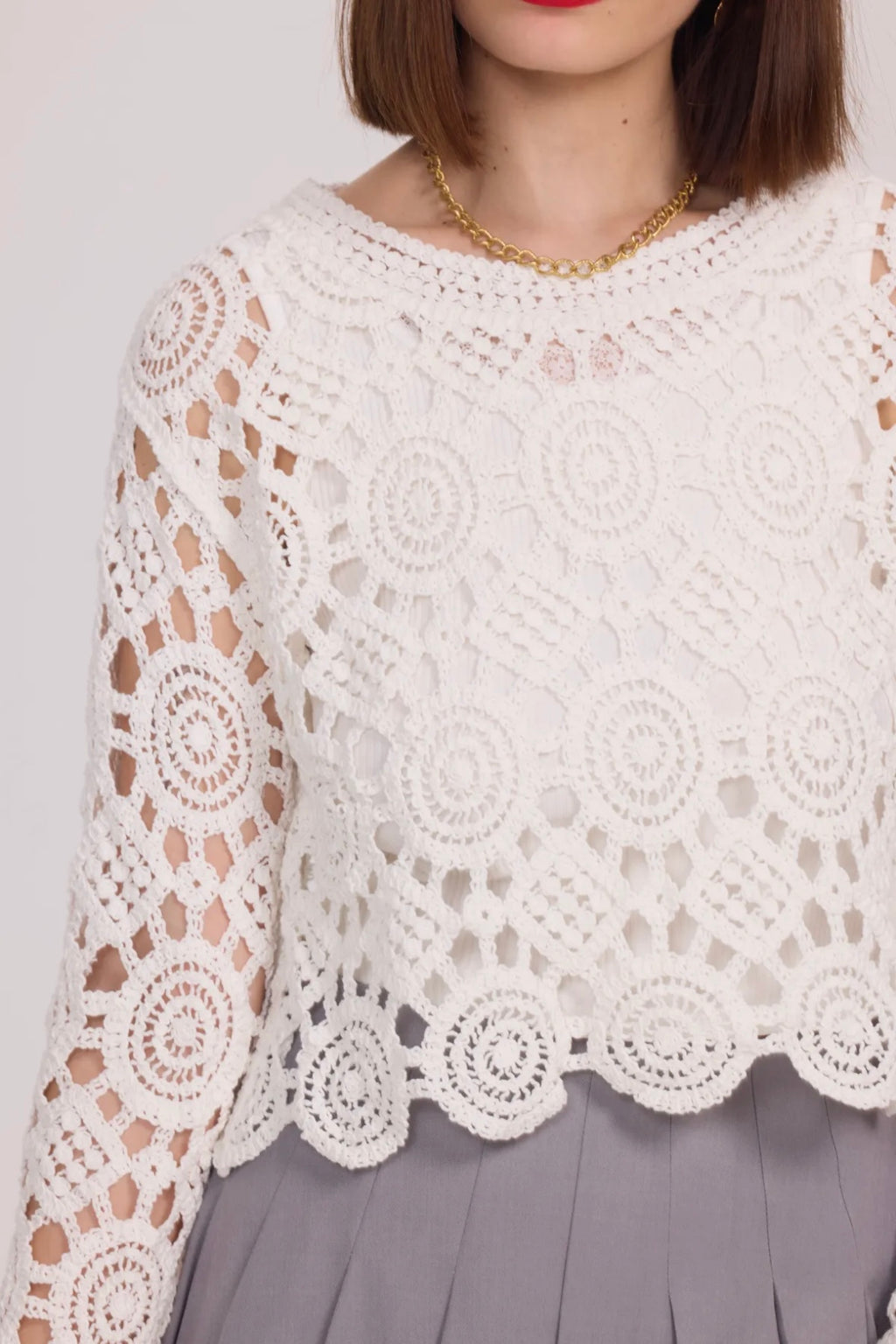 Long Sleeve Crochet Sweater - 2507-CROCHET