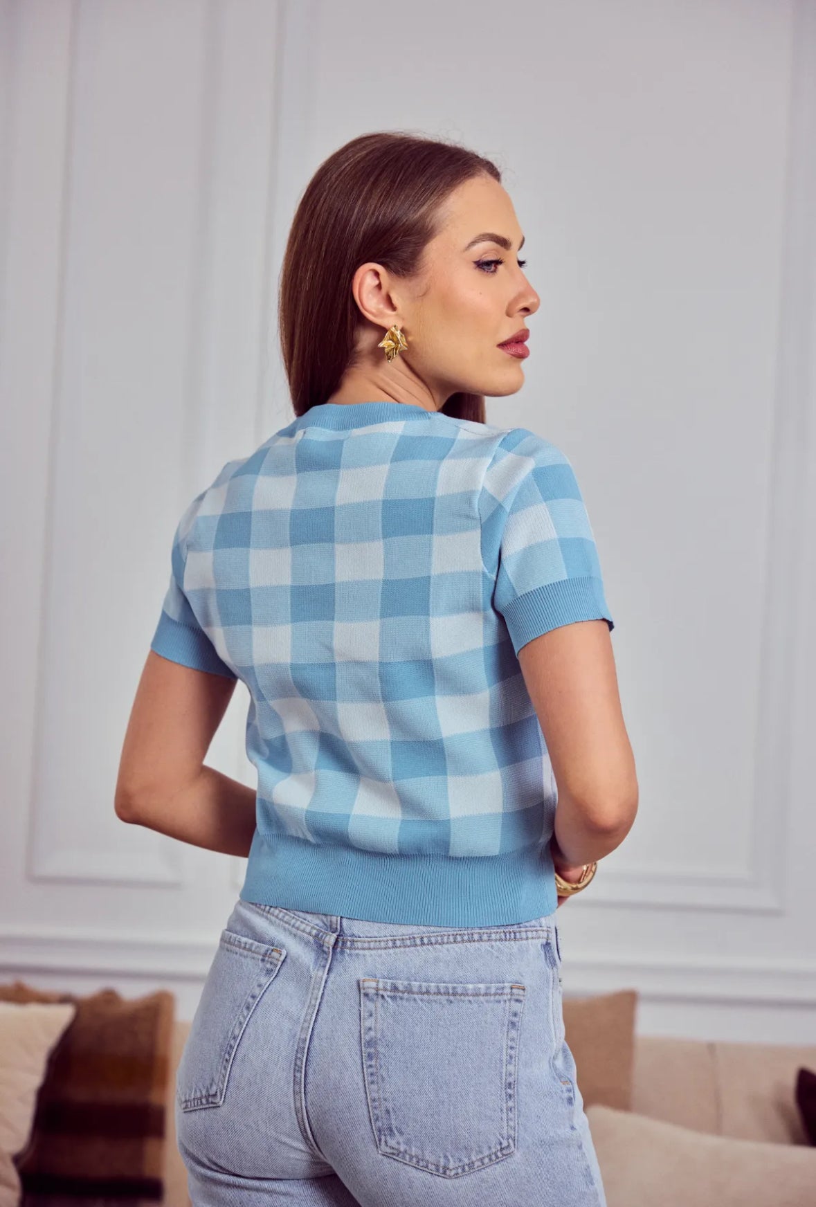 Pull manches courtes en maille à carreaux - 2339