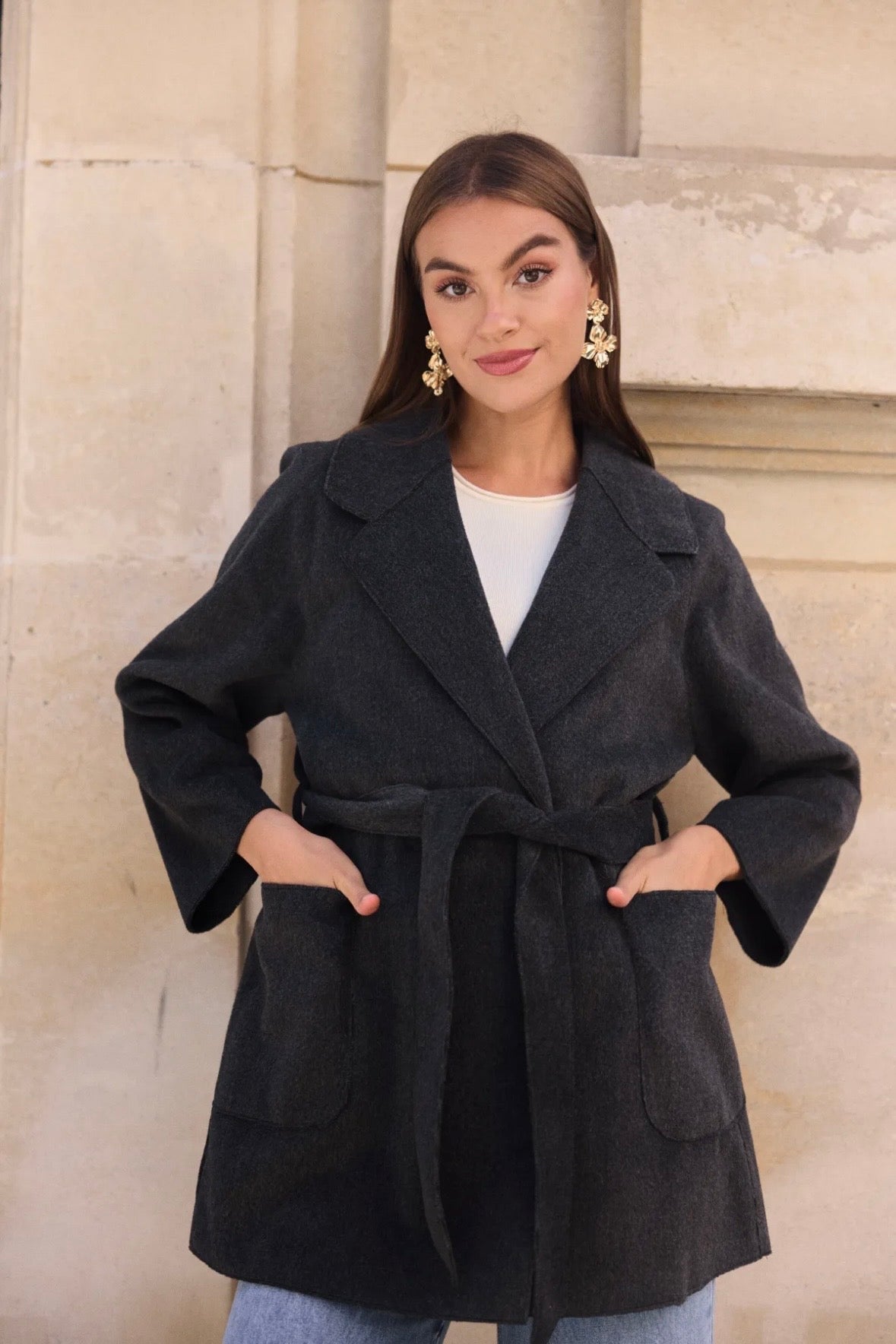 Manteau croisé ceinturé avec col à revers large - 583