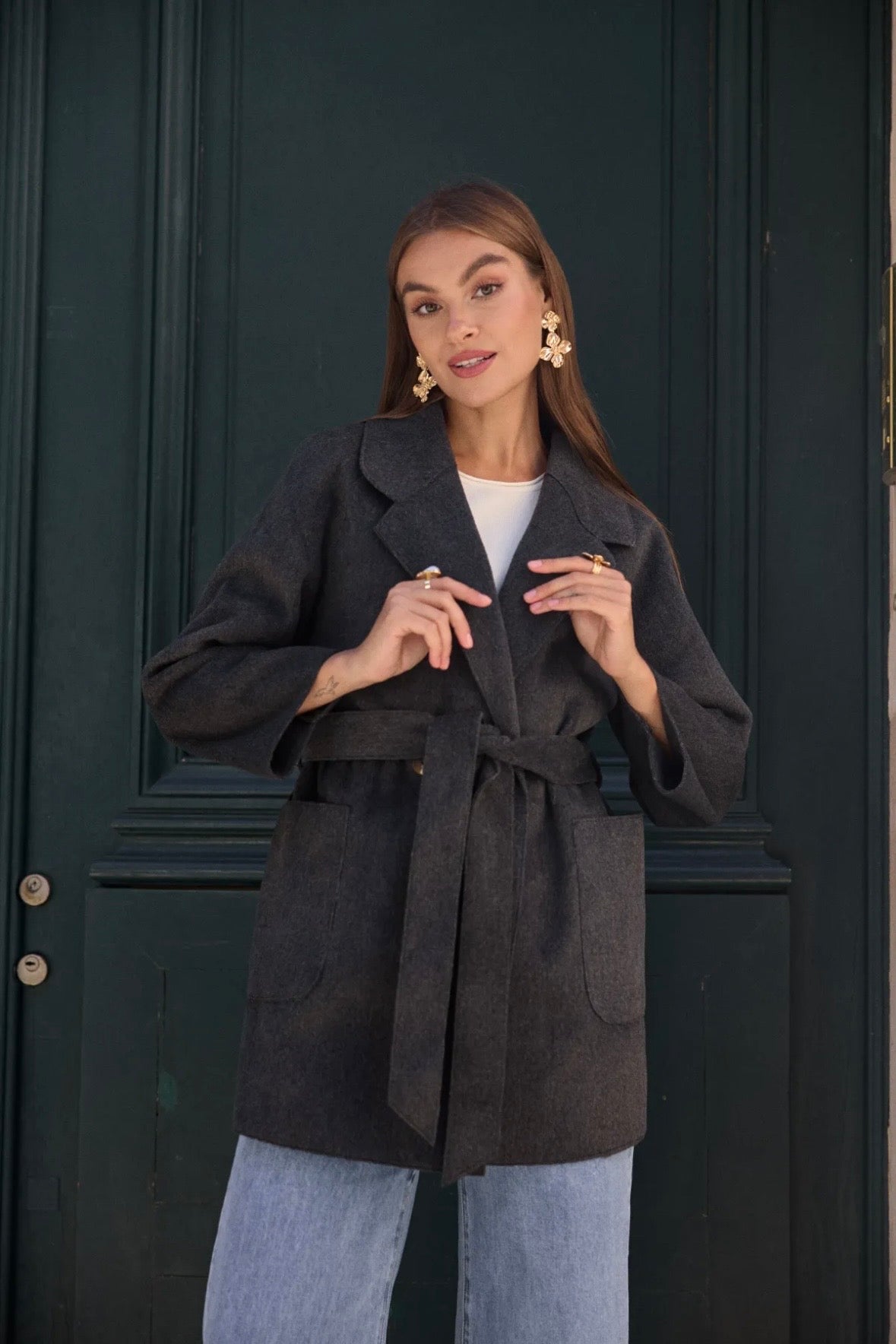 Manteau croisé ceinturé avec col à revers large - 583