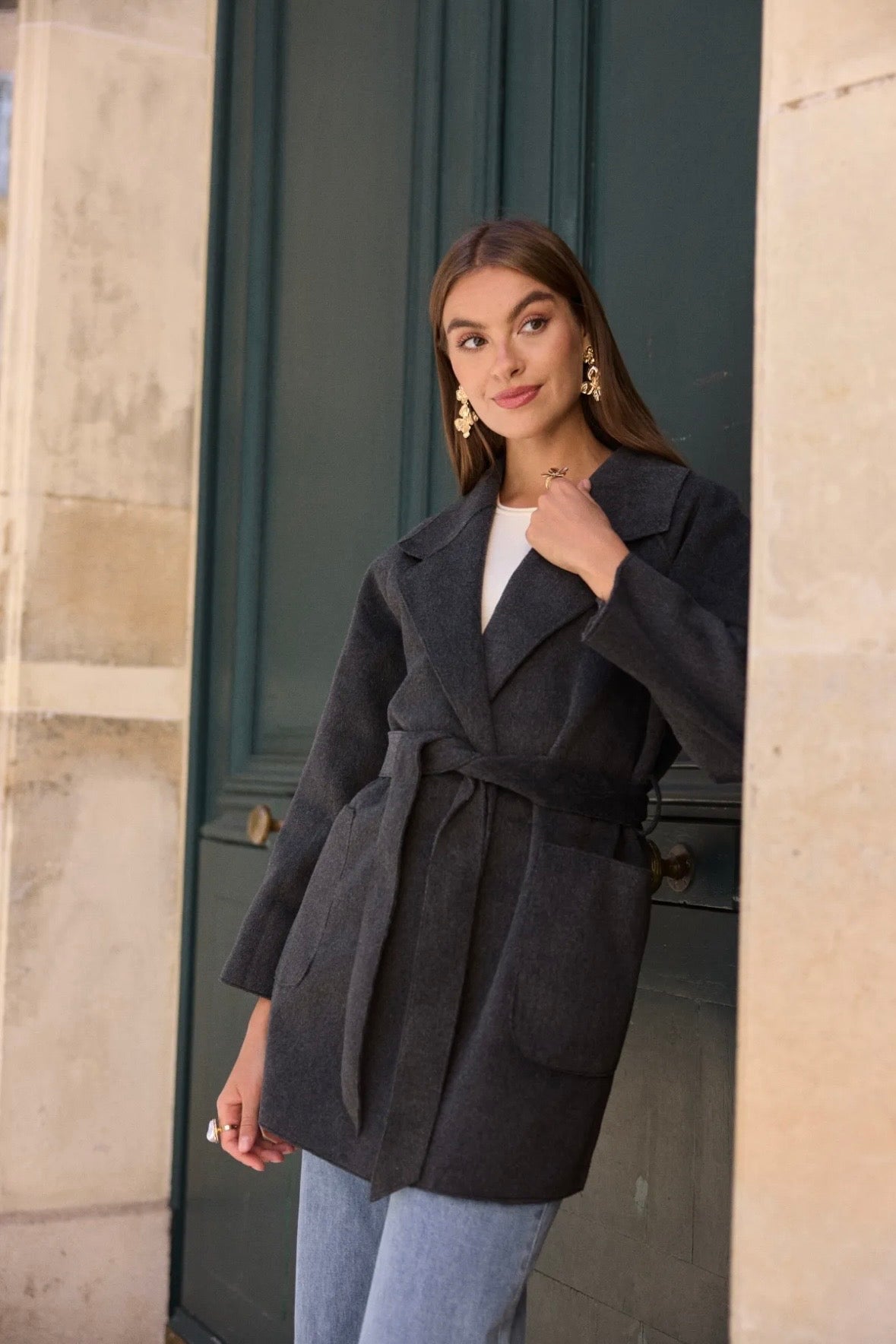 Manteau croisé ceinturé avec col à revers large - 583