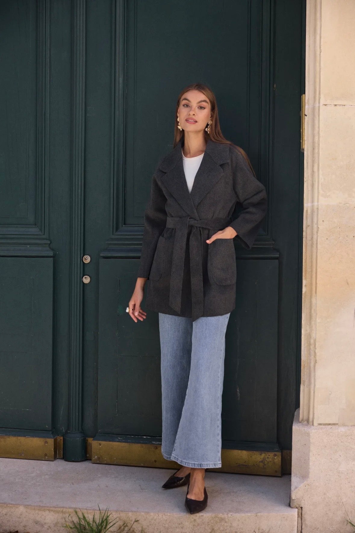 Manteau croisé ceinturé avec col à revers large - 583