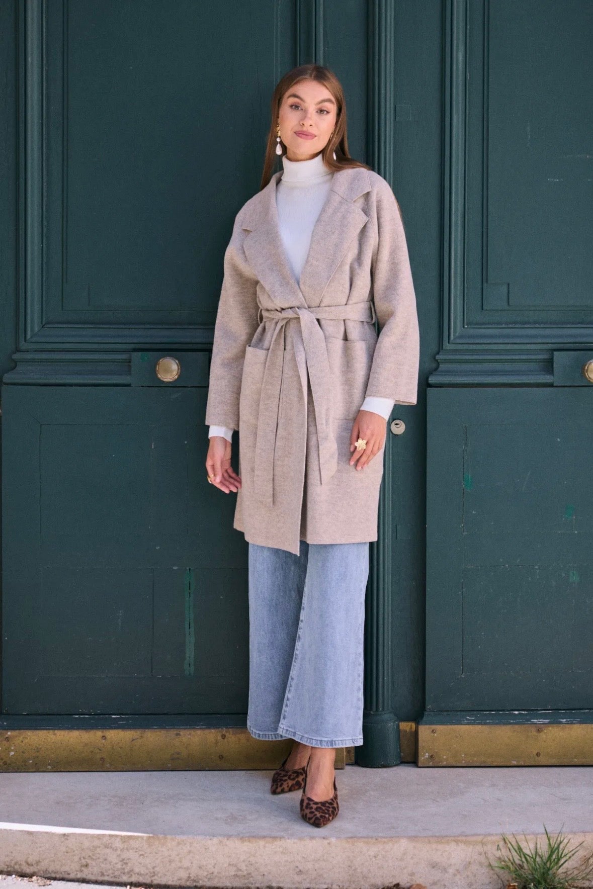 Manteau long à ceinture avec col à revers structuré - 585