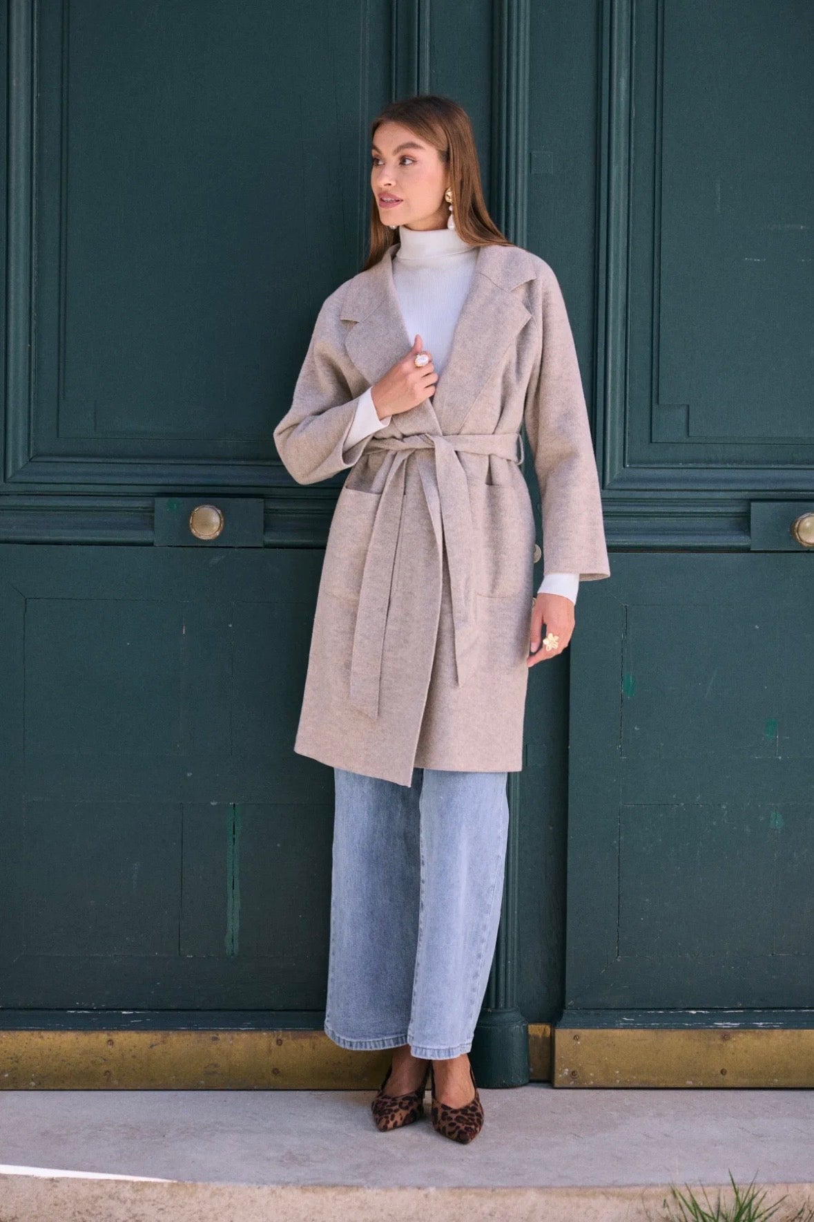Manteau long à ceinture avec col à revers structuré - 585