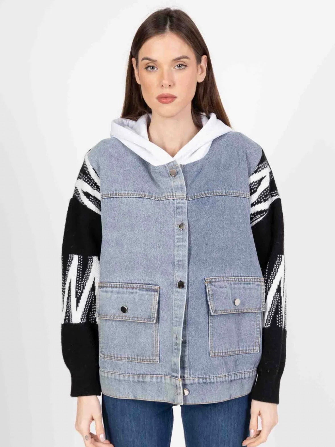 Veste en Jean avec Manches Tricot et Capuche - 593