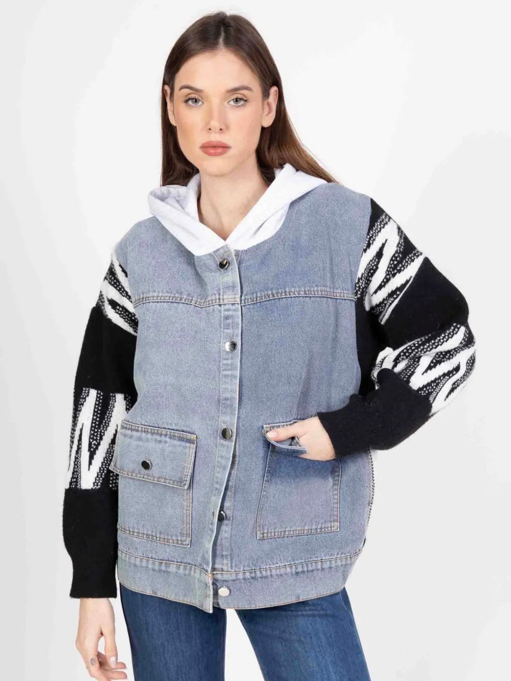 Veste en Jean avec Manches Tricot et Capuche - 593
