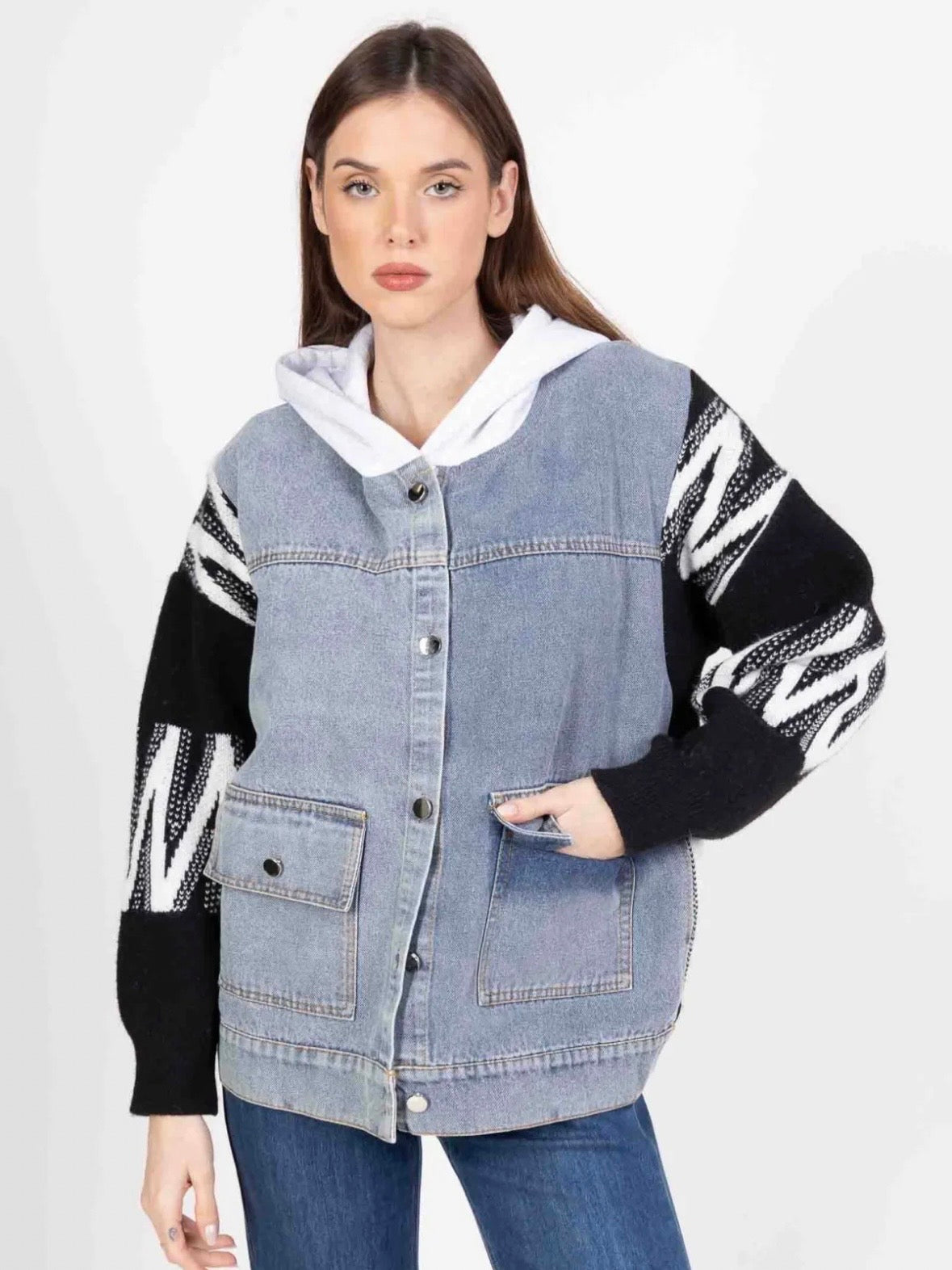 Veste en Jean avec Manches Tricot et Capuche - 593