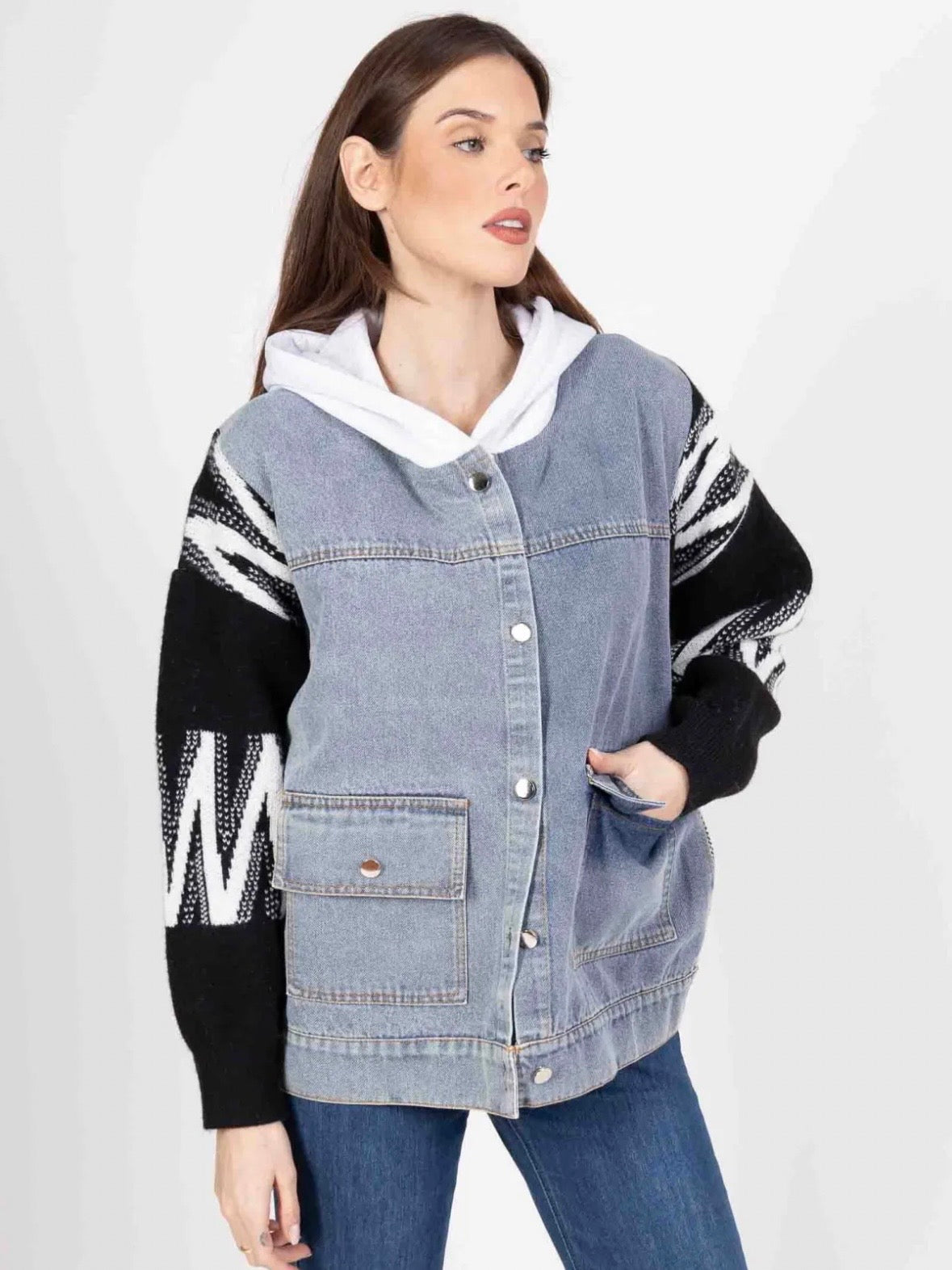 Veste en Jean avec Manches Tricot et Capuche - 593