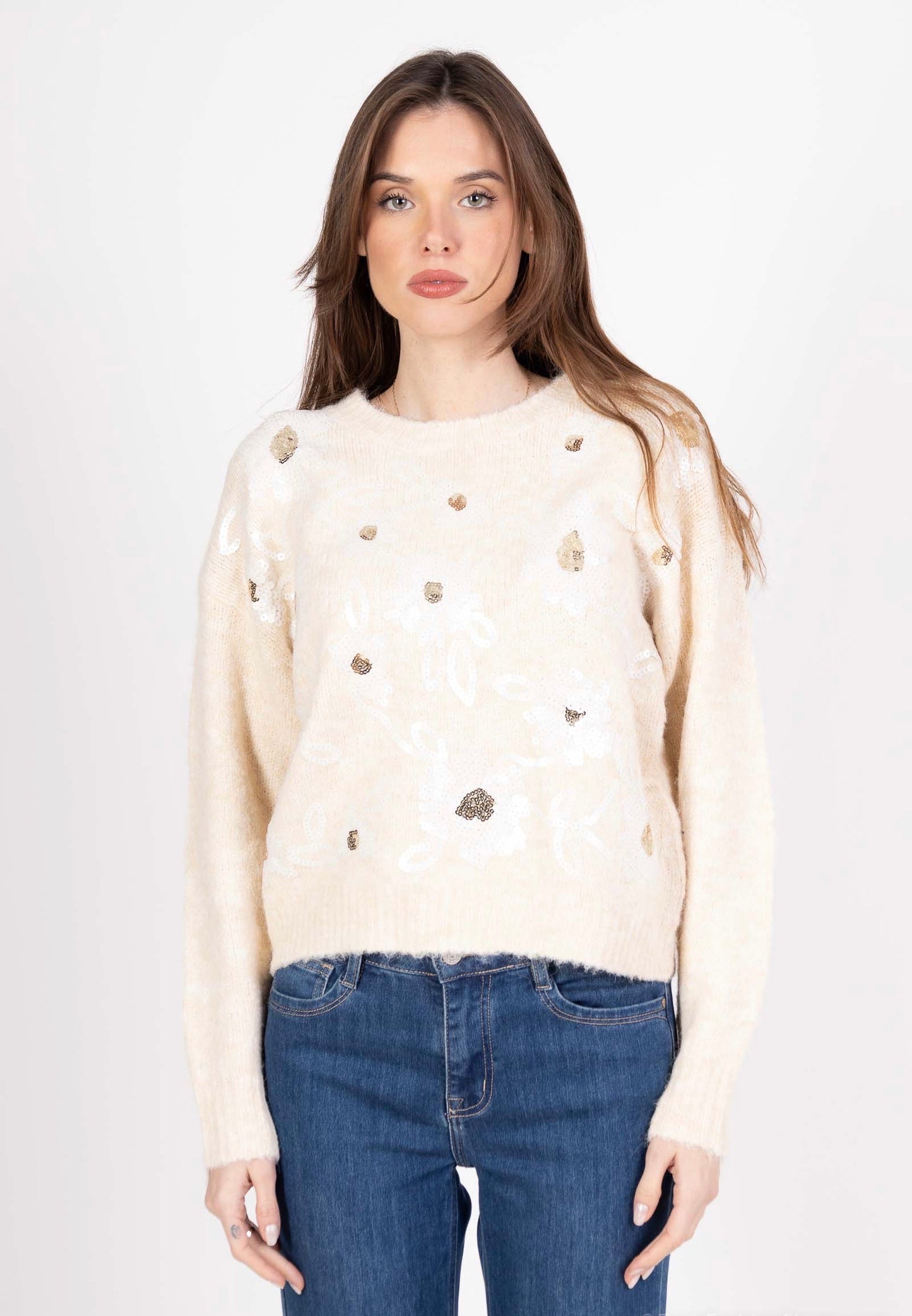 Pull en maille doux au toucher avec strass brodés en fleurs - 5378