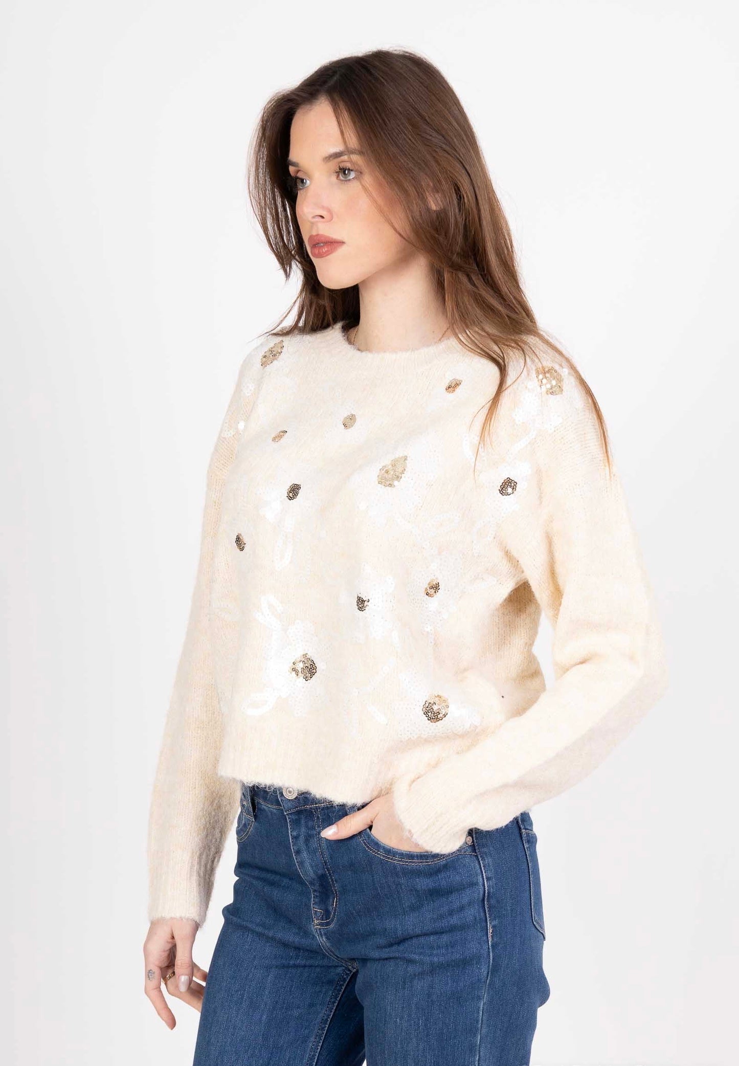 Pull en maille doux au toucher avec strass brodés en fleurs - 5378
