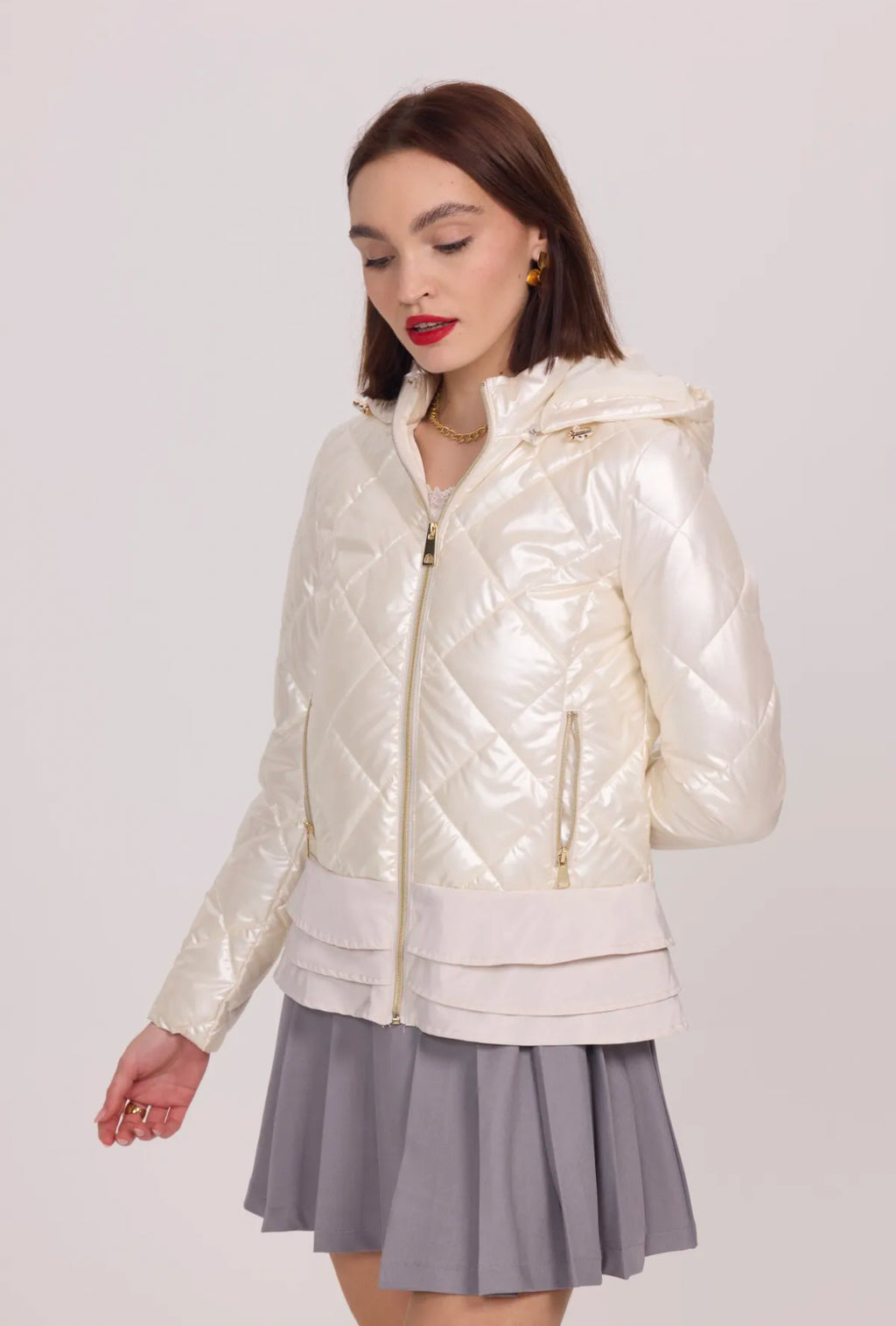 Shiny lightweight down jacket with ruffles and hood - 1816