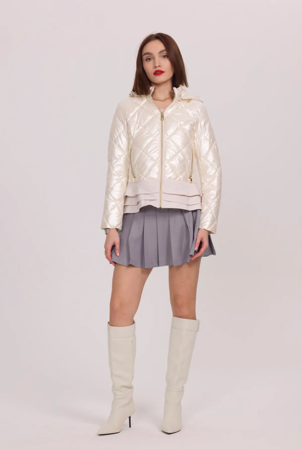 Shiny lightweight down jacket with ruffles and hood - 1816