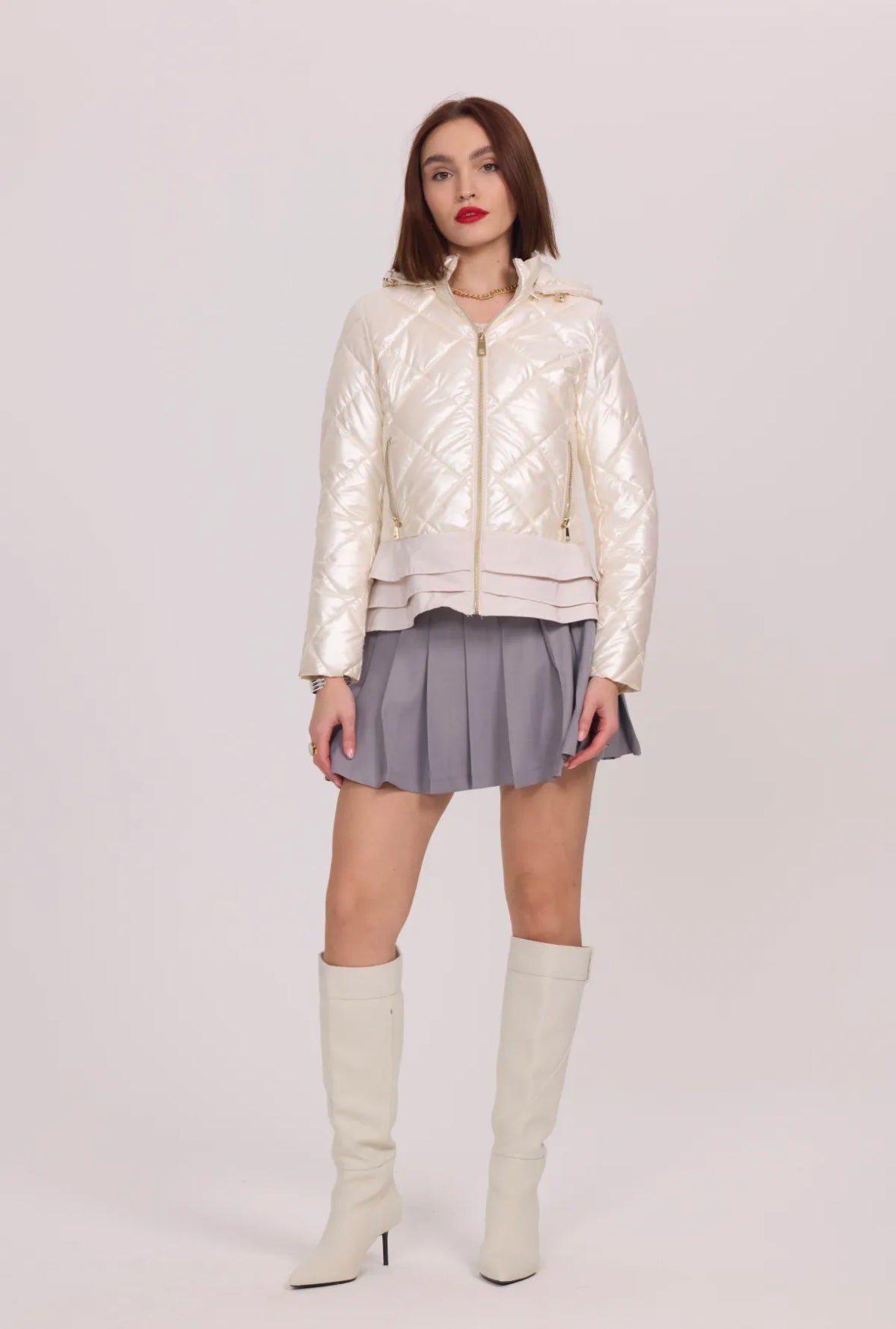 Shiny lightweight down jacket with ruffles and hood - 1816