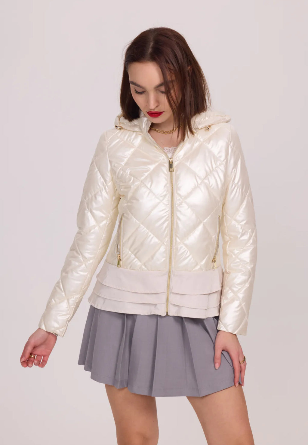 Shiny lightweight down jacket with ruffles and hood - 1816
