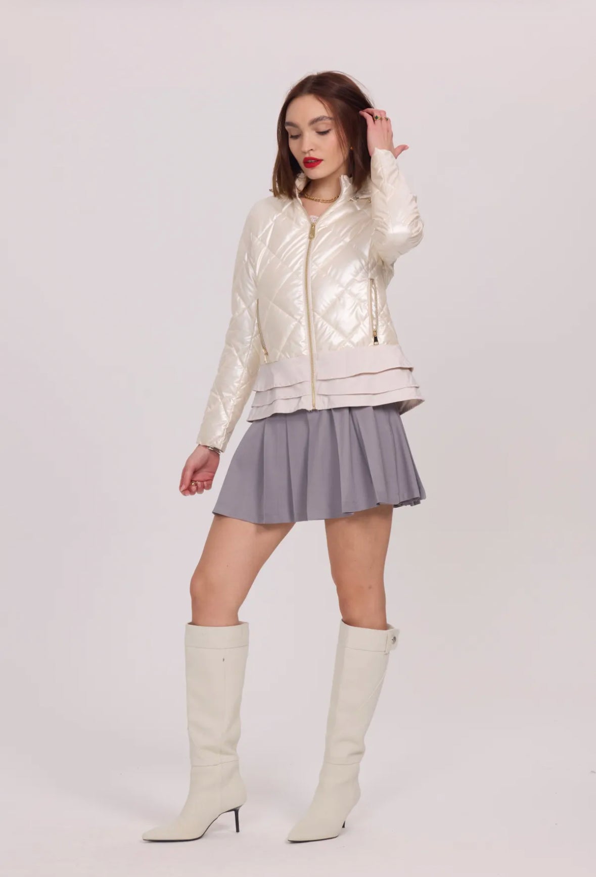 Shiny lightweight down jacket with ruffles and hood - 1816