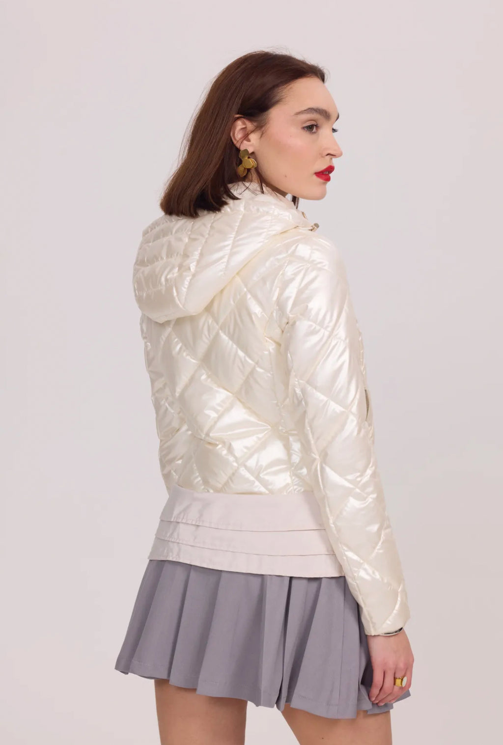 Shiny lightweight down jacket with ruffles and hood - 1816