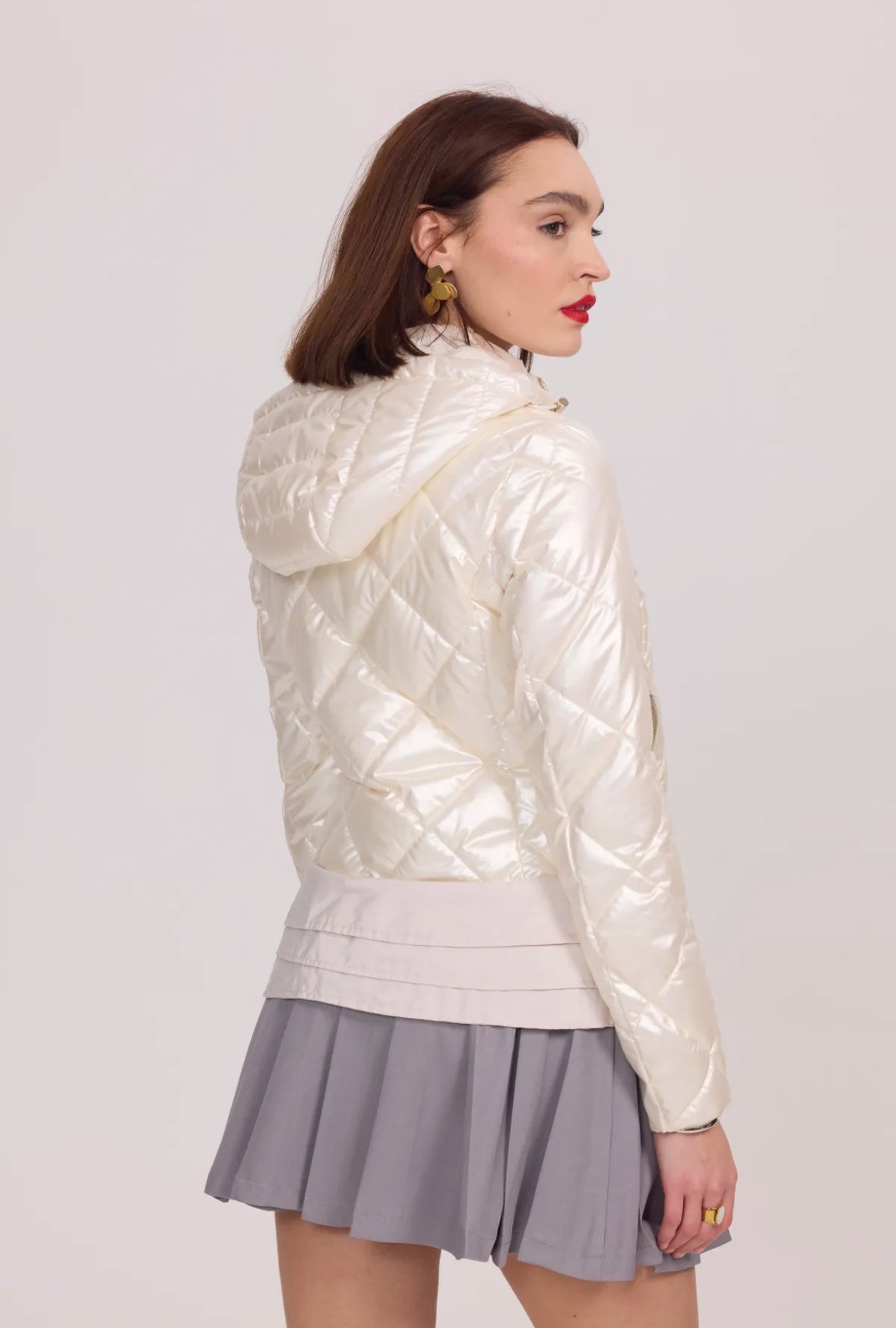 Shiny lightweight down jacket with ruffles and hood - 1816