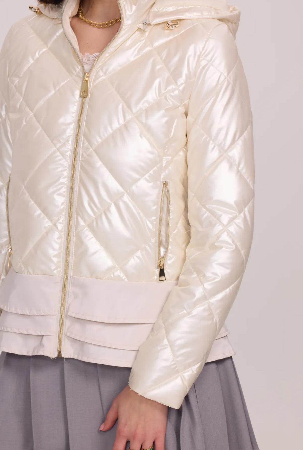 Shiny lightweight down jacket with ruffles and hood - 1816