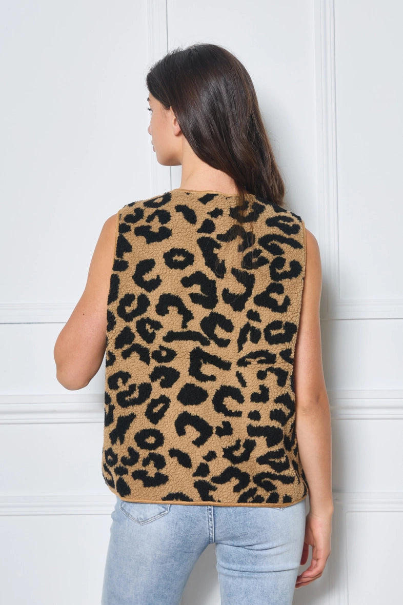 Gilet sans manches imprimé léopard, effet moumoute - 2453
